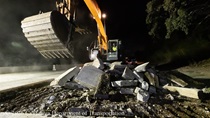Caltrans using an excavator to demolish old concrete pavement on northbound U.S. 101 Bayshore Freeway (Hospital Curve) in San Francisco on September 4, 2026.