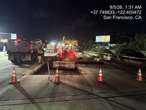 Caltrans using heavy equipment to replace concrete pavement panels on northbound U.S. 101 Bayshore Freeway (Hospital Curve) in San Francisco on September 5, 2026.