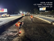 Caltrans workers preparing the site to replace concrete pavement panels on northbound U.S. 101 Bayshore Freeway (Hospital Curve) in San Francisco on September 5, 2026.