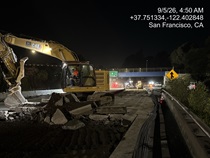 Caltrans using heavy equipment to demolish old pavement on northbound U.S. 101 Bayshore Freeway (Hospital Curve) in San Francisco on September 5, 2026.