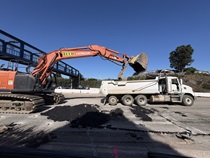 Caltrans using an excavator to remove old pavement on northbound U.S. 101 Bayshore Freeway (Hospital Curve) in San Francisco on September 5, 2026.