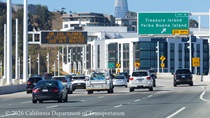 Cars traveling on the San Francisco-Oakland Bay Bridge with CMS sign letting drivers know that NB 101 is closed at Cesar Chavez as Caltrans crews are working to replace concrete pavement panels on northbound U.S. 101 Bayshore Freeway (Hospital Curve) in San Francisco on September 5, 2026.