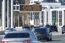 Cars traveling on the San Francisco-Oakland Bay Bridge with CMS sign letting drivers know that NB 101 is closed at Cesar Chavez as Caltrans crews are working to replace concrete pavement panels on northbound U.S. 101 Bayshore Freeway (Hospital Curve) in San Francisco on September 5, 2026.