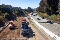 Caltrans crews using a road roller preparing the surface as work continues to replace concrete pavement panels on northbound U.S. 101 Bayshore Freeway (Hospital Curve) in San Francisco on September 5, 2026.