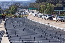 Caltrans crews laying down rebar and preparing the surface to replace concrete pavement panels on northbound U.S. 101 Bayshore Freeway (Hospital Curve) in San Francisco on September 5, 2026.