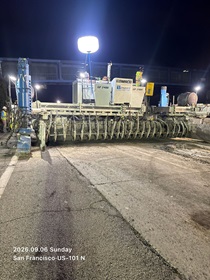 Caltrans using heavy equipment to prepare and pour new concrete pavement on northbound U.S. 101 Bayshore Freeway (Hospital Curve) in San Francisco on September 6, 2026.