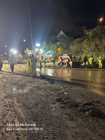 Caltrans workers preparing the site to pour new concrete pavement on northbound U.S. 101 Bayshore Freeway (Hospital Curve) in San Francisco on September 6, 2026.