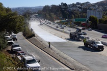 Caltrans workers finishing the newly poured concrete pavement on northbound U.S. 101 Bayshore Freeway (Hospital Curve) in San Francisco on September 5, 2026