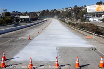 Safety cones blocking entrance to the freshly poured concrete on northbound U.S. 101 Bayshore Freeway (Hospital Curve) in San Francisco on September 5, 2026