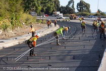 Caltrans workers laying down rebar, preparing the site to pour new concrete pavement on northbound U.S. 101 Bayshore Freeway (Hospital Curve) in San Francisco on September 5, 2026.