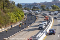 Cars traveling on southbound US-101 as Caltrans workers are preparing the site to pour new concrete pavement on northbound U.S. 101 Bayshore Freeway (Hospital Curve) in San Francisco on September 5, 2026.