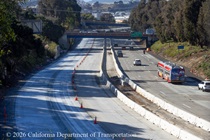 Cars traveling on southbound US-101 as Caltrans is finishing the newly poured concrete pavement on northbound U.S. 101 Bayshore Freeway (Hospital Curve) in San Francisco on September 6, 2026.