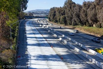 Cars traveling on southbound US-101 as Caltrans is finishing the newly poured concrete pavement on northbound U.S. 101 Bayshore Freeway (Hospital Curve) in San Francisco on September 6, 2026.