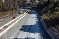 Cars traveling on southbound US-101 as Caltrans is finishing the newly poured concrete pavement on northbound U.S. 101 Bayshore Freeway (Hospital Curve) in San Francisco on September 6, 2026.