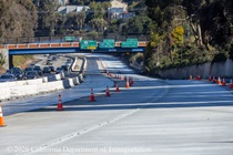 Cars traveling on southbound US-101 as the newly poured concrete pavement on northbound U.S. 101 Bayshore Freeway (Hospital Curve) in San Francisco on September 6, 2026.