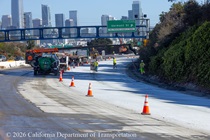 Caltrans workers are finishing the newly poured concrete pavement on northbound U.S. 101 Bayshore Freeway (Hospital Curve) in San Francisco on September 6, 2026.