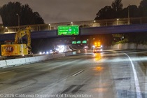 Crews work along U.S. 101 near Hospital Curve during a full highway closure for road rehabilitation in the city of San Francisco on the night of September 18, 2026.