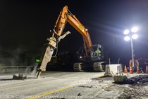 Crews work along U.S. 101 near Hospital Curve during a full highway closure for road rehabilitation in the city of San Francisco on the night of September 18, 2026.