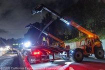 Crews work along U.S. 101 near Hospital Curve during a full highway closure for road rehabilitation in the city of San Francisco on the night of September 18, 2026.