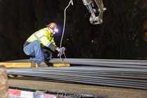 Crews work along U.S. 101 near Hospital Curve during a full highway closure for road rehabilitation in the city of San Francisco on the night of September 18, 2026.