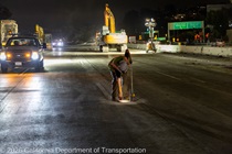 Crews work along U.S. 101 near Hospital Curve during a full highway closure for road rehabilitation in the city of San Francisco on the night of September 18, 2026.
