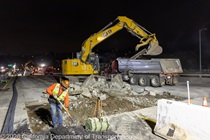 Crews work along U.S. 101 near Hospital Curve during a full highway closure for road rehabilitation in the city of San Francisco on the night of September 18, 2026.