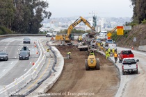 Caltrans uses heavy equipment to remove the old roadway material from lanes 1 and 2 of northbound US-101 in San Francisco near Hospital Curve on Saturday, September 19, 2026.