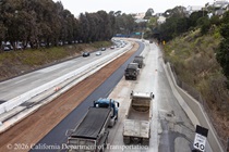 Trucks are used as Caltrans repaves lanes 1 and 2 of northbound US-101 in San Francisco near Hospital Curve on Saturday, September 19, 2026.