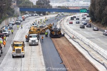 Caltrans uses heavy equipment to repave lanes 1 and 2 of northbound US-101 in San Francisco near Hospital Curve on Saturday, September 19, 2026.