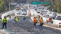 Caltrans crew installs rebar as part of the paving of lanes 1 and 2 of northbound US-101 in San Francisco near Hospital Curve on Saturday, September 19, 2026.