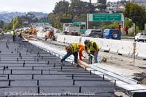 Caltrans crew installs rebar as part of the paving of lanes 1 and 2 of northbound US-101 in San Francisco near Hospital Curve on Saturday, September 19, 2026.