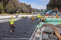 Caltrans crew installs rebar as part of the paving of lanes 1 and 2 of northbound US-101 in San Francisco near Hospital Curve on Saturday, September 19, 2026.