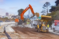 Caltrans uses heavy equipment to replace the pavement on lanes 1 and 2 of northbound US-101 in San Francisco near Hospital Curve on Saturday, September 19, 2026.