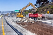 Caltrans uses heavy equipment to replace the pavement on lanes 1 and 2 of northbound US-101 in San Francisco near Hospital Curve on Saturday, September 19, 2026.