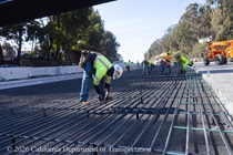 Caltrans crew installs rebar as part of the paving of lanes 1 and 2 of northbound US-101 in San Francisco near Hospital Curve on the afternoon of Saturday, September 19, 2026.