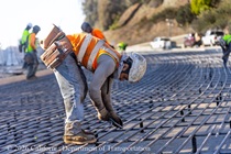 Caltrans crew installs rebar as part of the paving of lanes 1 and 2 of northbound US-101 in San Francisco near Hospital Curve on the afternoon of Saturday, September 19, 2026.