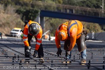 Caltrans crew installs rebar as part of the paving of lanes 1 and 2 of northbound US-101 in San Francisco near Hospital Curve on the afternoon of Saturday, September 19, 2026.
