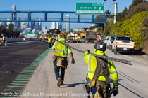 Caltrans crew installs rebar as part of the paving of lanes 1 and 2 of northbound US-101 in San Francisco near Hospital Curve on the afternoon of Saturday, September 19, 2026.