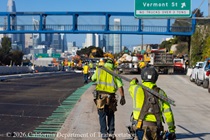 Caltrans crew installs rebar as part of the paving of lanes 1 and 2 of northbound US-101 in San Francisco near Hospital Curve on the afternoon of Saturday, September 19, 2026.