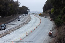 Traffic cones on the section of northbound US-101 near Hospital Curve in San Francisco closed for roadway rehabilitation.