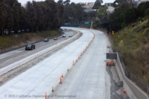 Traffic cones on the section of northbound US-101 near Hospital Curve in San Francisco closed for a roadway rehabilitation project. Southbound US-101 remains open to traffic.