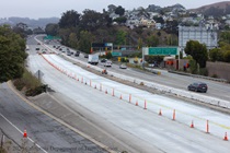 Traffic cones on the section of northbound US-101 near the exit for Cesar Chavez Street in San Francisco closed for a roadway rehabilitation project. Southbound US-101 remains open to traffic.