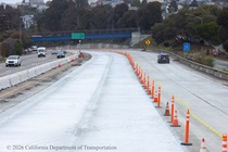 Traffic cones line the repaved lanes of northbound US-101 near Hospital Curve in San Francisco on Sunday, September 20, 2026. Southbound US-101 remains open to traffic.