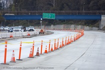 Traffic cones line the repaved lanes of northbound US-101 near Hospital Curve in San Francisco on Sunday, September 20, 2026. Southbound US-101 remains open to traffic.