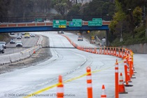 Traffic cones line the repaved lanes of northbound US-101 near Hospital Curve in San Francisco on Sunday, September 20, 2026. Southbound US-101 remains open to traffic.