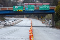 Traffic cones line the repaved lanes of northbound US-101 near Hospital Curve in San Francisco on Sunday, September 20, 2026. Southbound US-101 remains open to traffic.