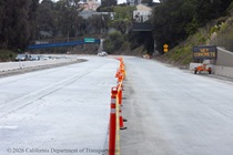 Traffic cones line the repaved lanes of northbound US-101 near Hospital Curve in San Francisco on Sunday, September 20, 2026. Southbound US-101 remains open to traffic.