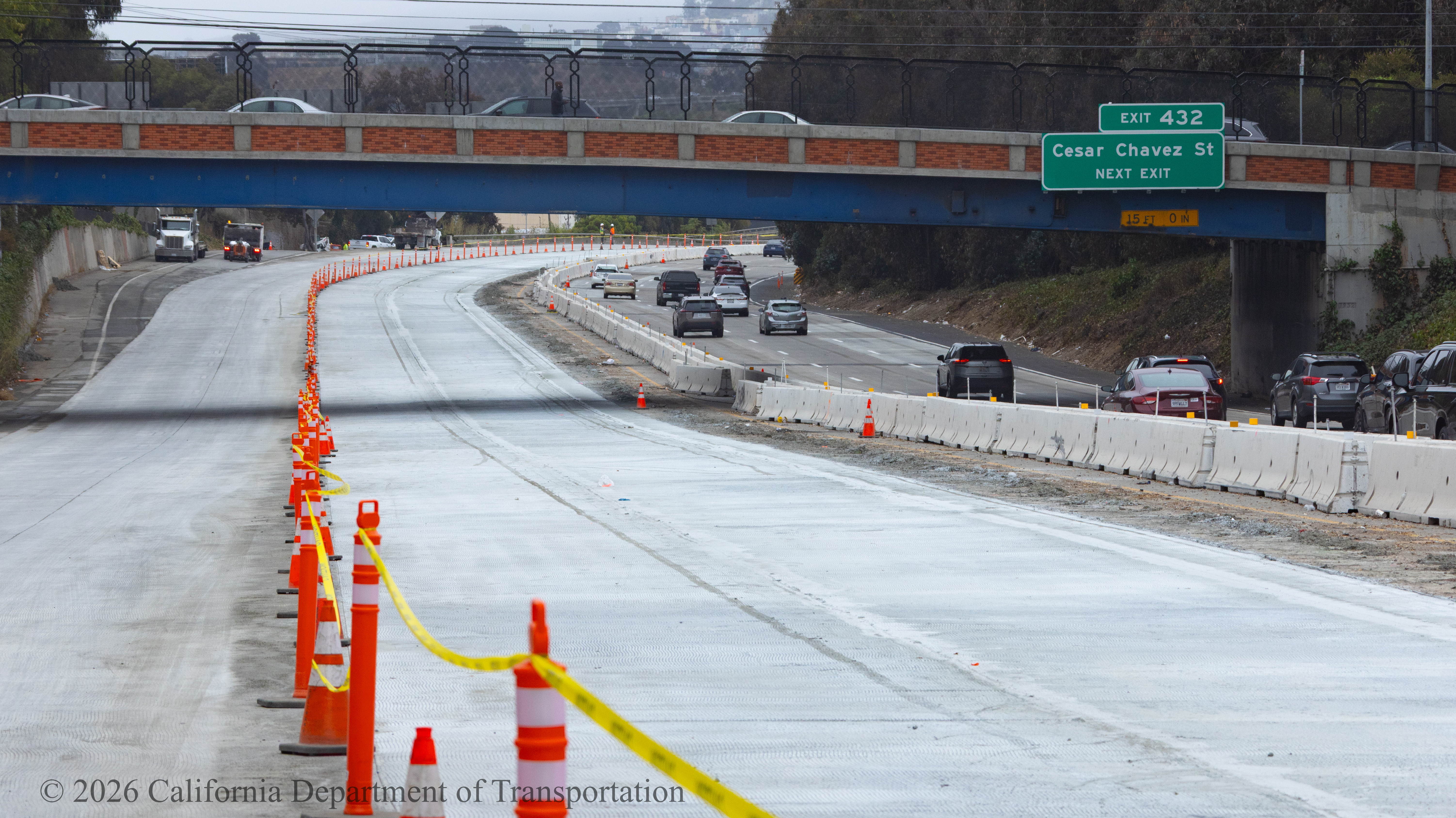 Traffic cones line the repaved lanes of northbound US-101 near Hospital Curve in San Francisco on Sunday, September 20, 2026. Southbound US-101 remains open to traffic.
