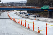 Traffic cones line the repaved lanes of northbound US-101 near Hospital Curve in San Francisco on Sunday, September 20, 2026. Southbound US-101 remains open to traffic.