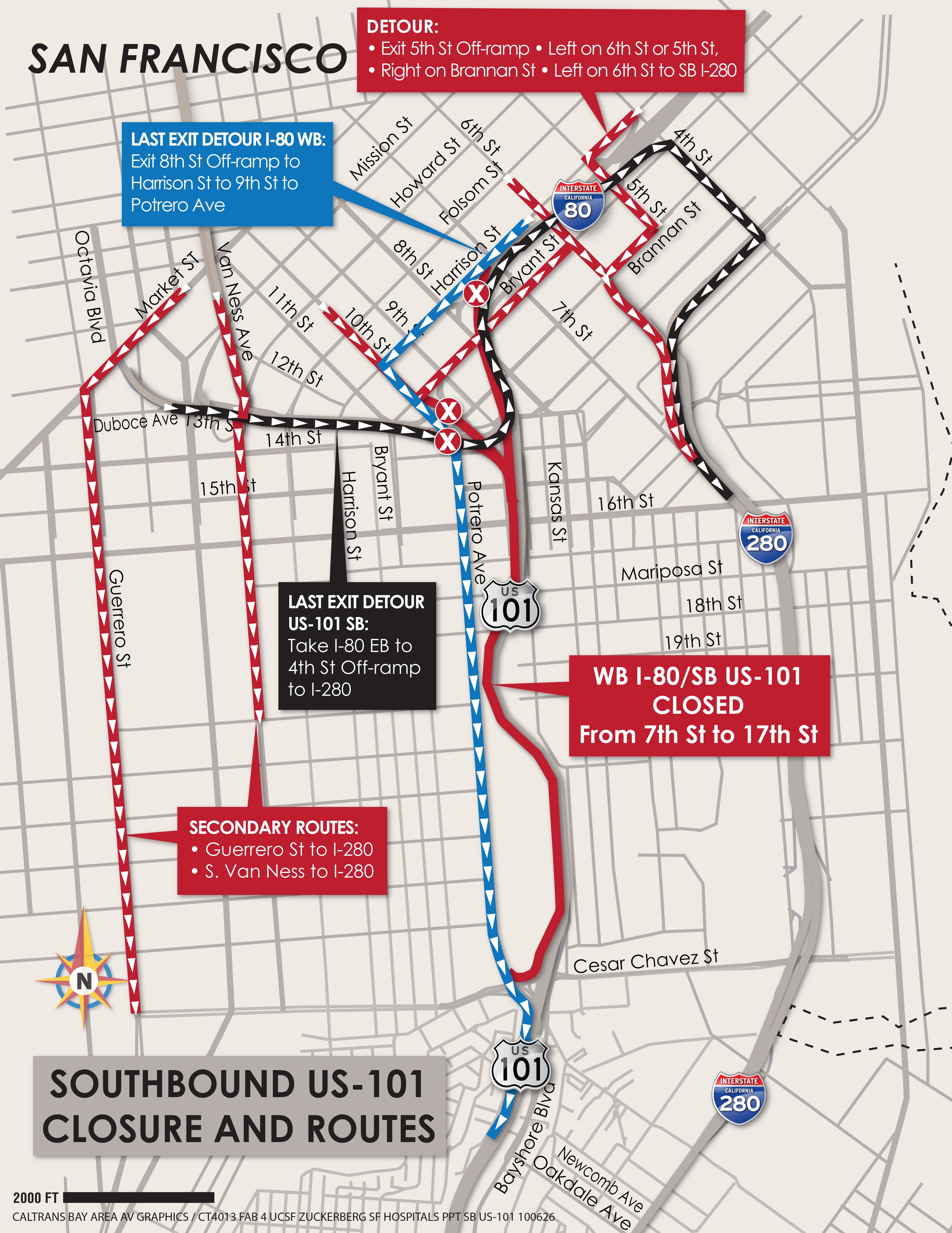 Weekend Closure. Connector Closures take westbound Interstate 80 to northbound U.S. 101 and southbound U.S. 101 (Central Fwy) to SB-101 Connector/Mainline. Ramps Closures WB-80 4th St onramp, WB-80 7th St onramp, EB-80 7th St offramp (for trucking), and NB-101 10th St onramp. Detour routes from 5th St offramp from WB-80 take Harrison to 6th St, left on 6th St, SB-280 onramp then either continue SB-280 to SB 101 or SB-280 Pennsylvania Ave offramp, Right turn on C Chavez St then SB-101 onramp from C. Chavez St. Detour routes from 8th St (signed 9th St) offramp from WB-80. Take Harrison to 10th St, left on 10th St, continue onto Potrero St then take SB-101 onramp from Portero St.